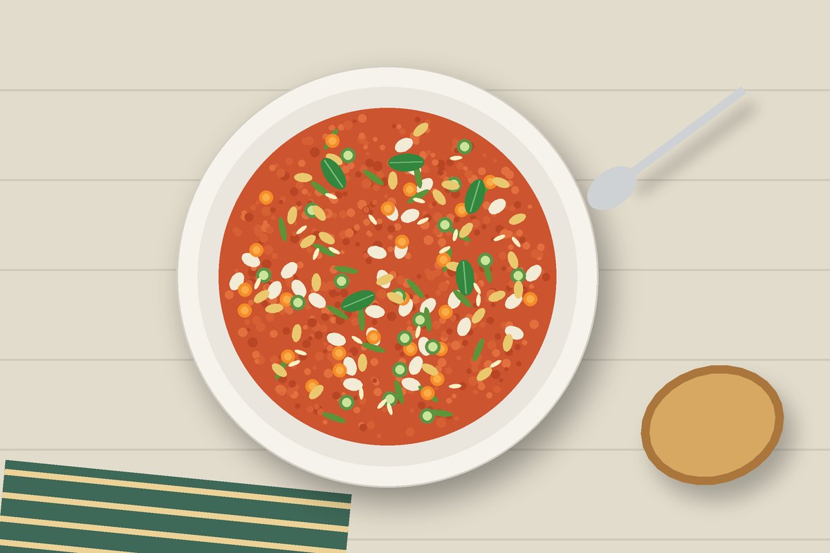 Illustration of a bowl of minestrone soup with beans, pasta and vegetables